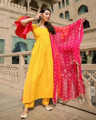 Yellow Beat Leheriya Gota Suit Set