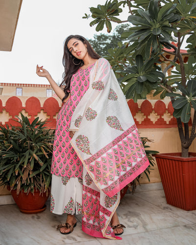 Pink Floral Handblock Cotton Suit