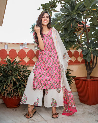 Pink Floral Handblock Cotton Suit