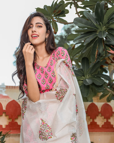 Pink Floral Handblock Cotton Suit