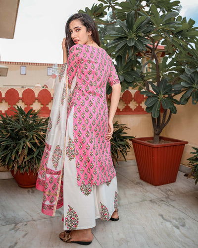 Pink Floral Handblock Cotton Suit