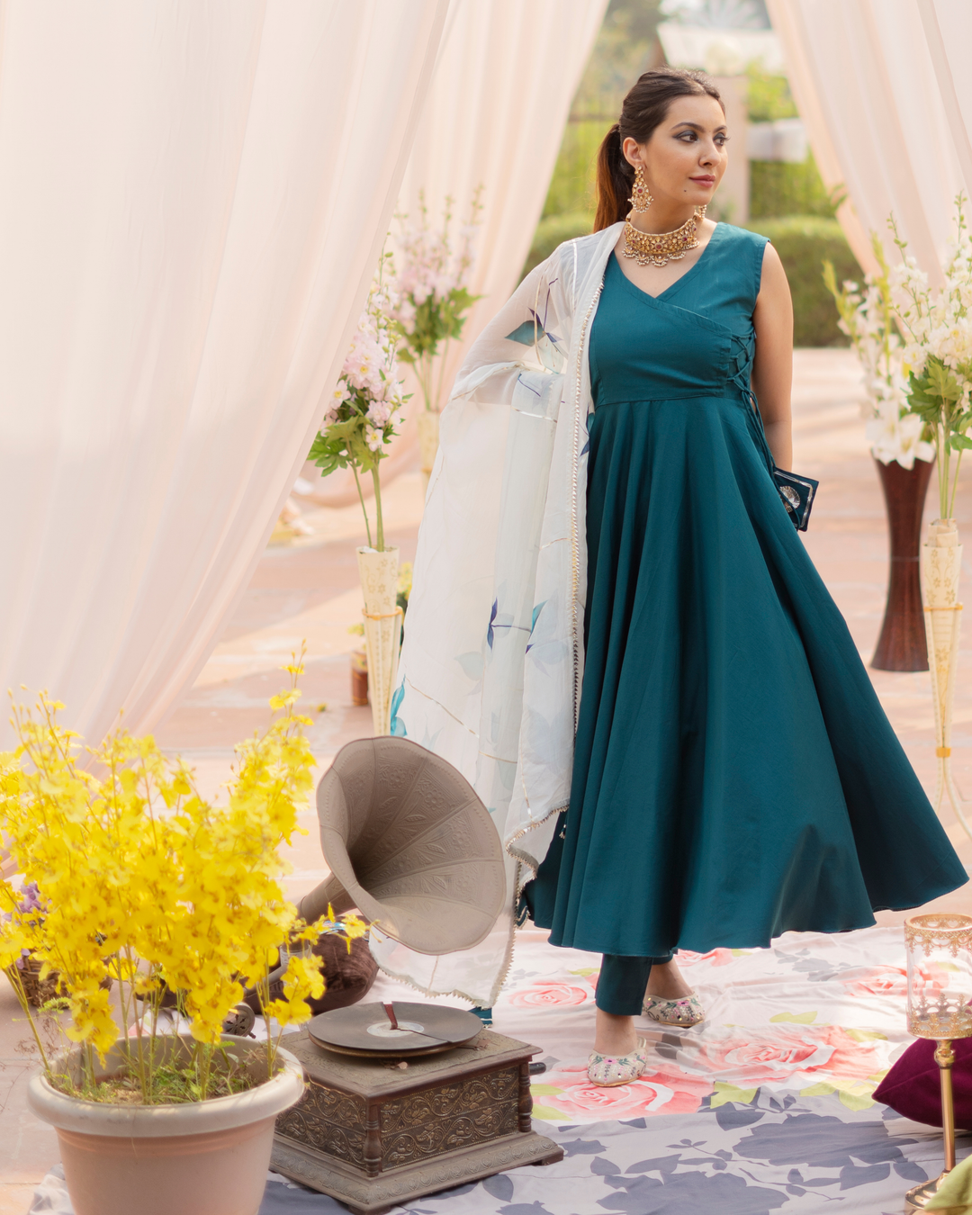 Buy Peacock Green Organza Handpainted Suit Set online in India at Best  Price