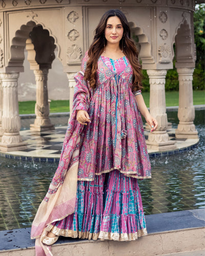 sharara peach blue short kurta fitted | Pakistani outfits, Dress indian  style, Indian attire