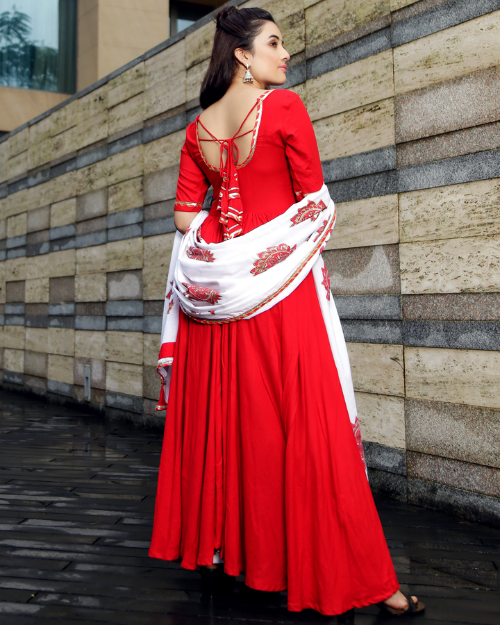 Red Mughal Handblock Suit Set