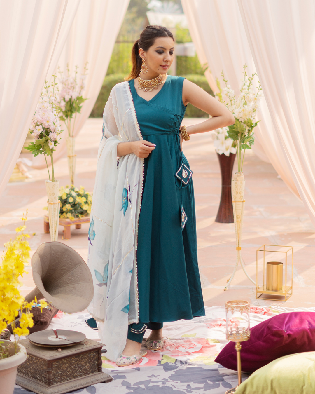 Buy Peacock Green Organza Handpainted Suit Set online in India at