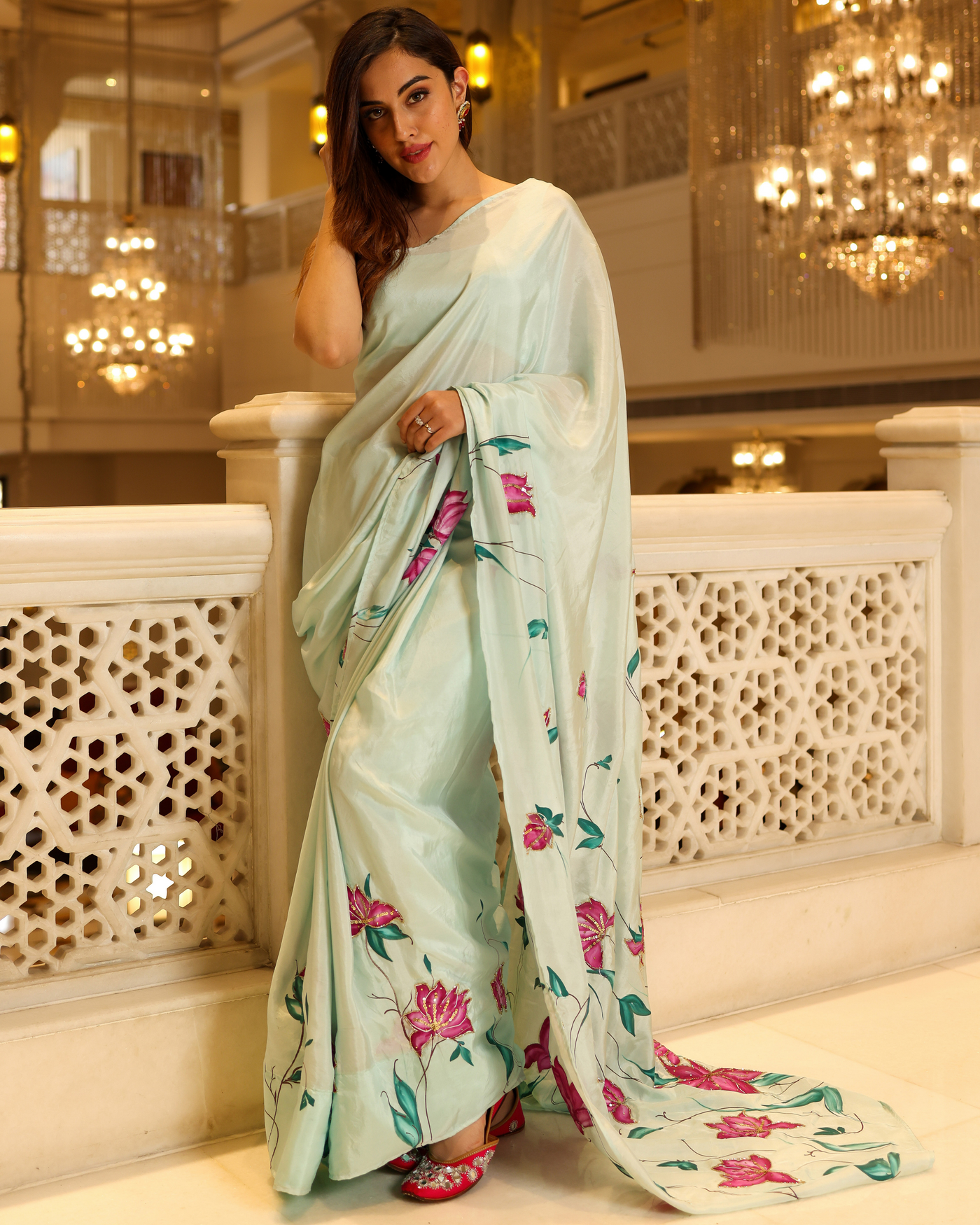 Green Cardamom Handpainted Silk Saree