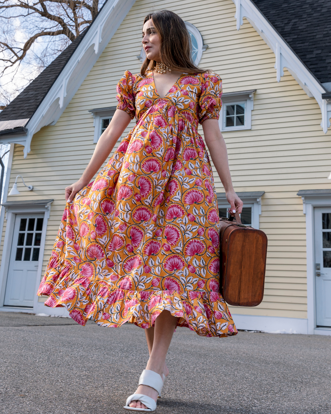 Tangerine Handblock Cotton Dress