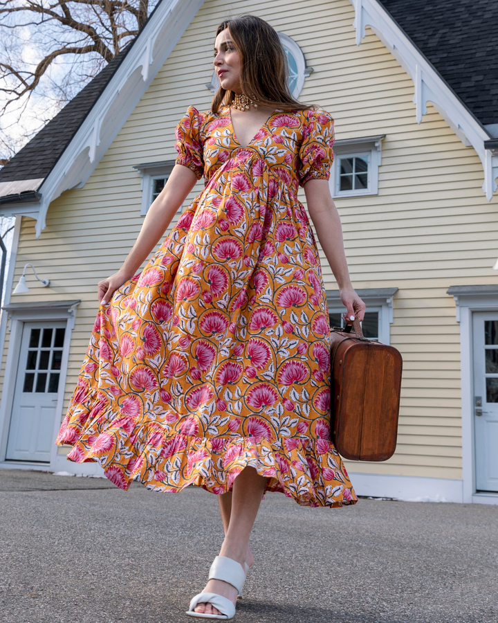 Tangerine Handblock Cotton Dress