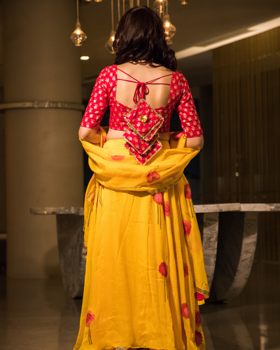 Yellow Organza Handpainted Lehenga Set