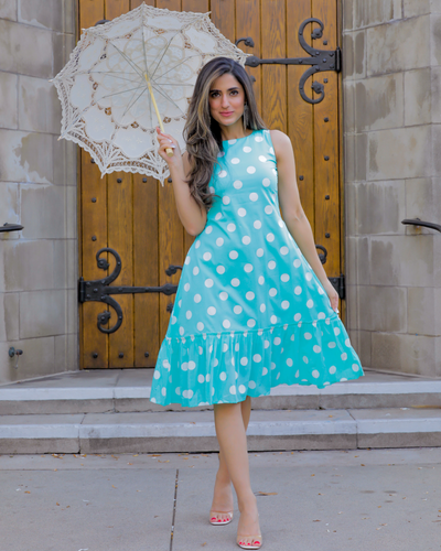 Cyan Blue Polka Cotton Dress