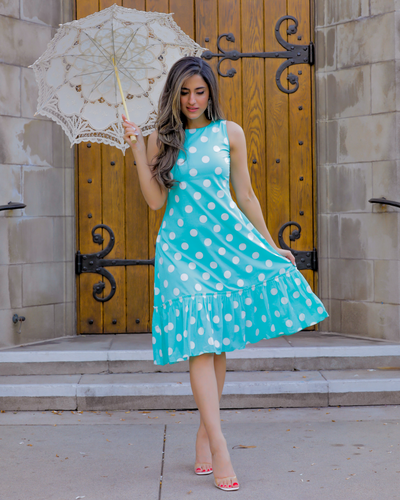 Cyan Blue Polka Cotton Dress