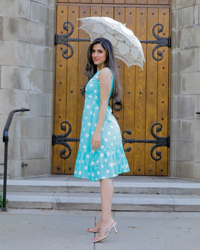 Cyan Blue Polka Cotton Dress