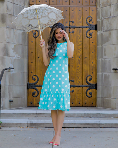 Cyan Blue Polka Cotton Dress