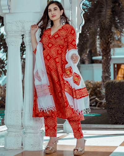 Red Bandhani Suit Set