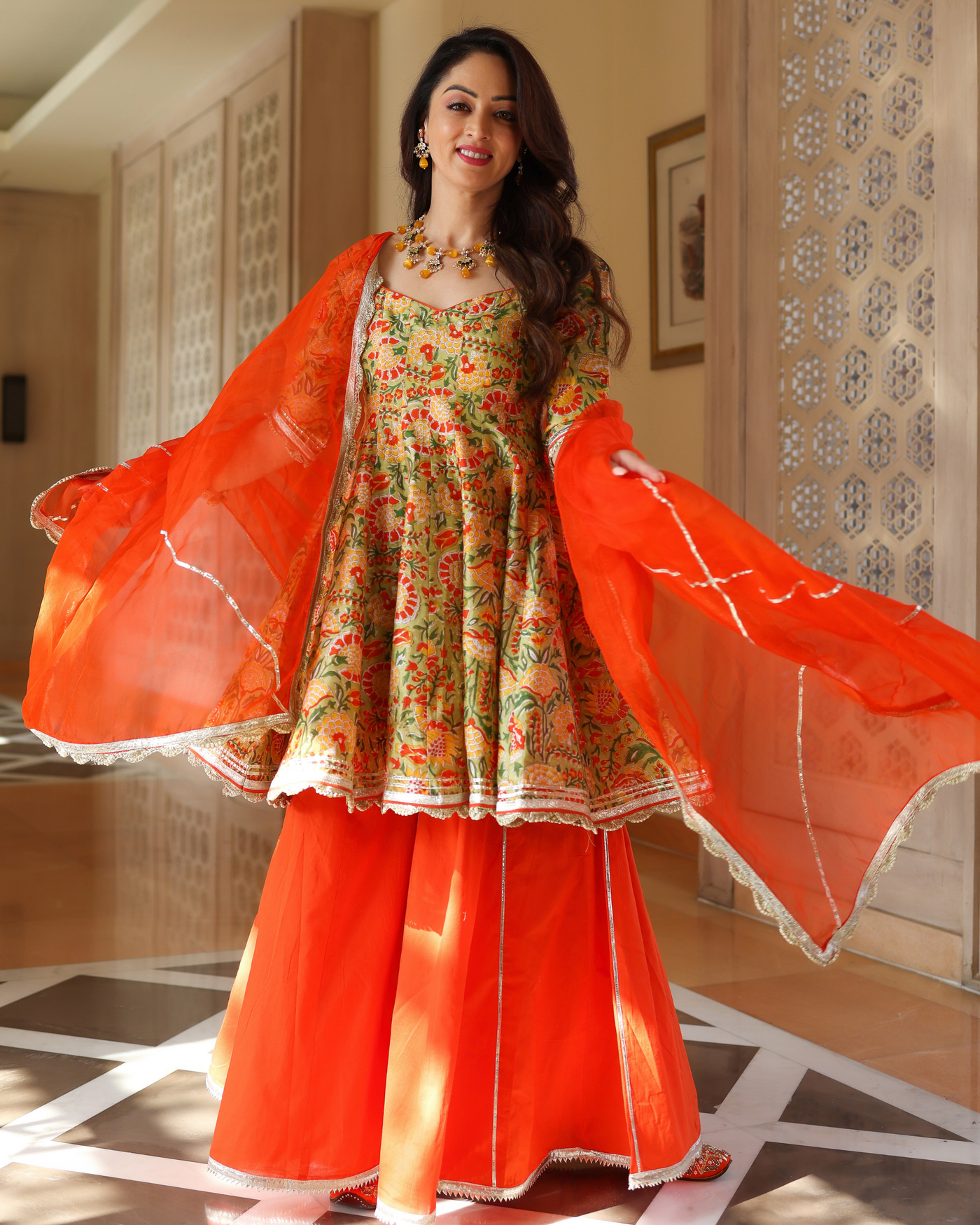 Jaffa Orange Handblock Sharara Set