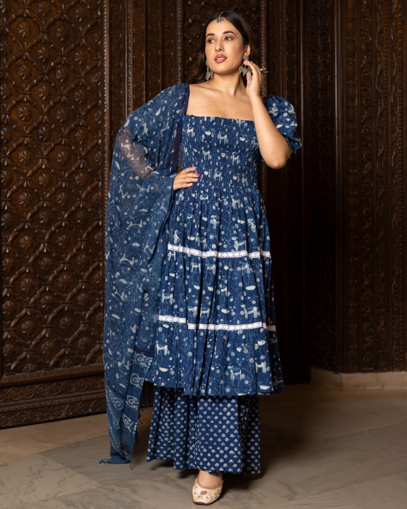 Nilgiri Handblock Tiered Sharara Set