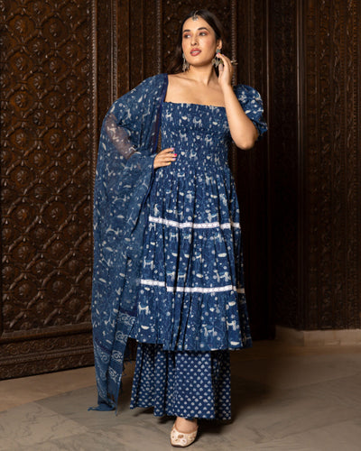Nilgiri Handblock Tiered Sharara Set
