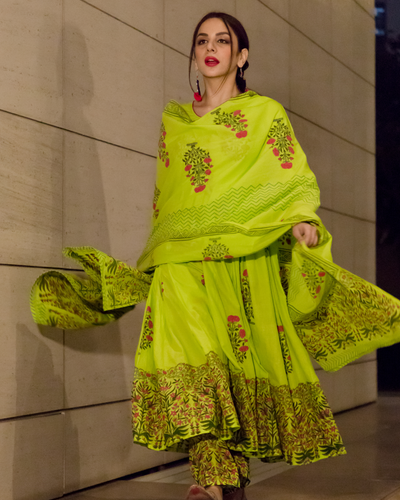 Green Mehrab Handblock Cotton Suit Set