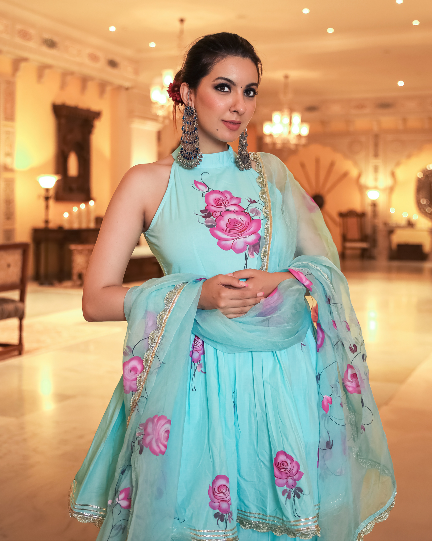 Summer Blue Handpainted Gota Sharara Set