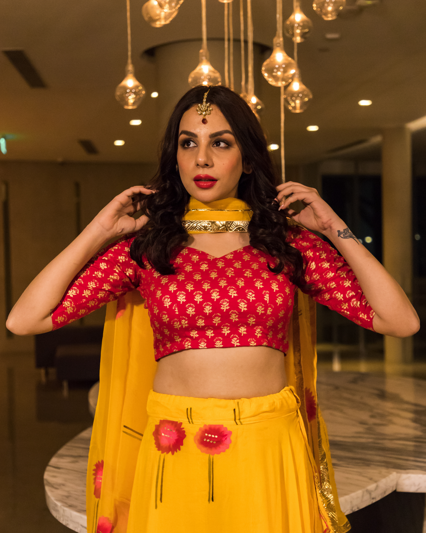 Yellow Organza Handpainted Lehenga Set