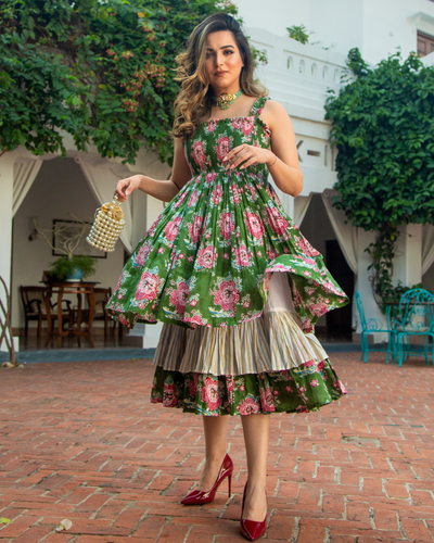 Green Elsa Handblock Cotton Dress