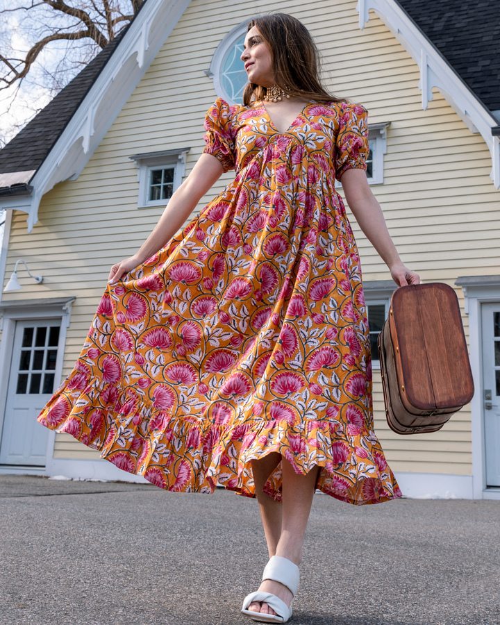 Tangerine Handblock Cotton Dress