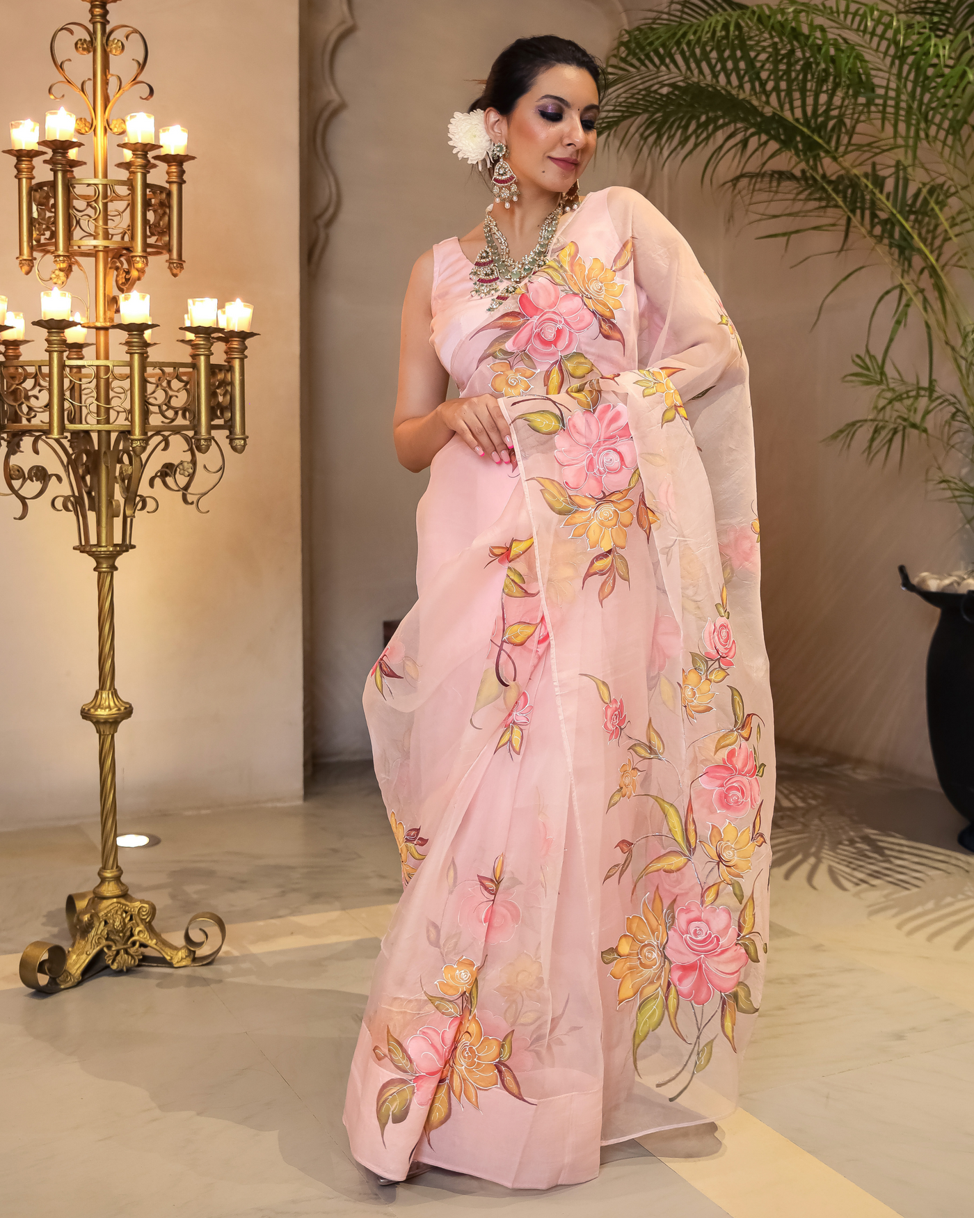 Peach Aura Embellished Handpainted Organza Silk Saree