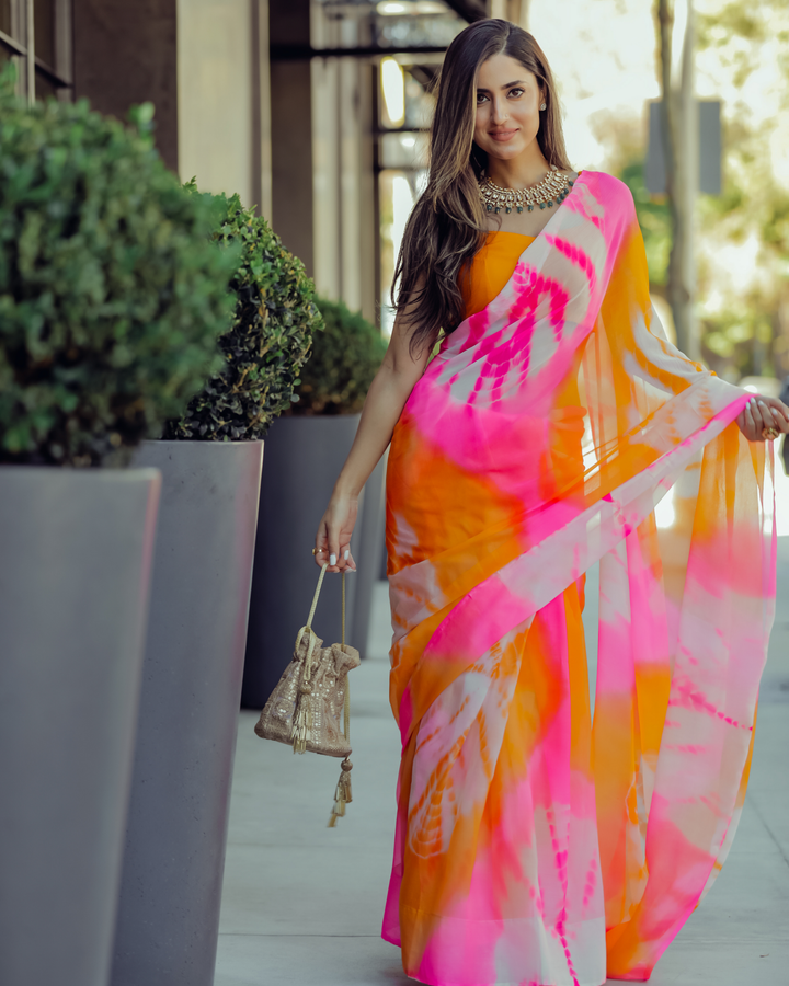 Pink Tulip Tie &amp; Dye Pure Chiffon Saree