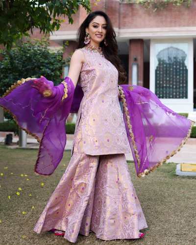 Crushed Purple Brocade Sharara Set