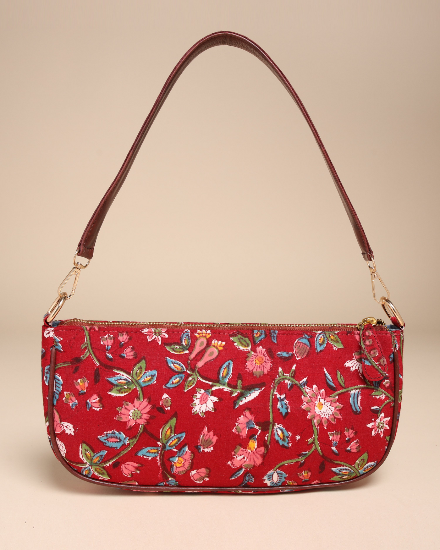 Imperial Red Cotton Blockprinted Mini Baguette Bag