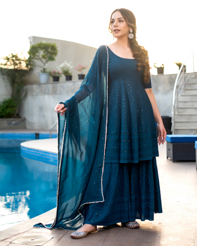 Turquish Blue Embroidered Sharara Set