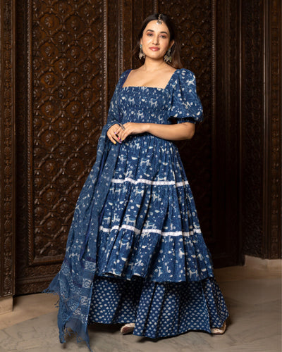 Nilgiri Handblock Tiered Sharara Set