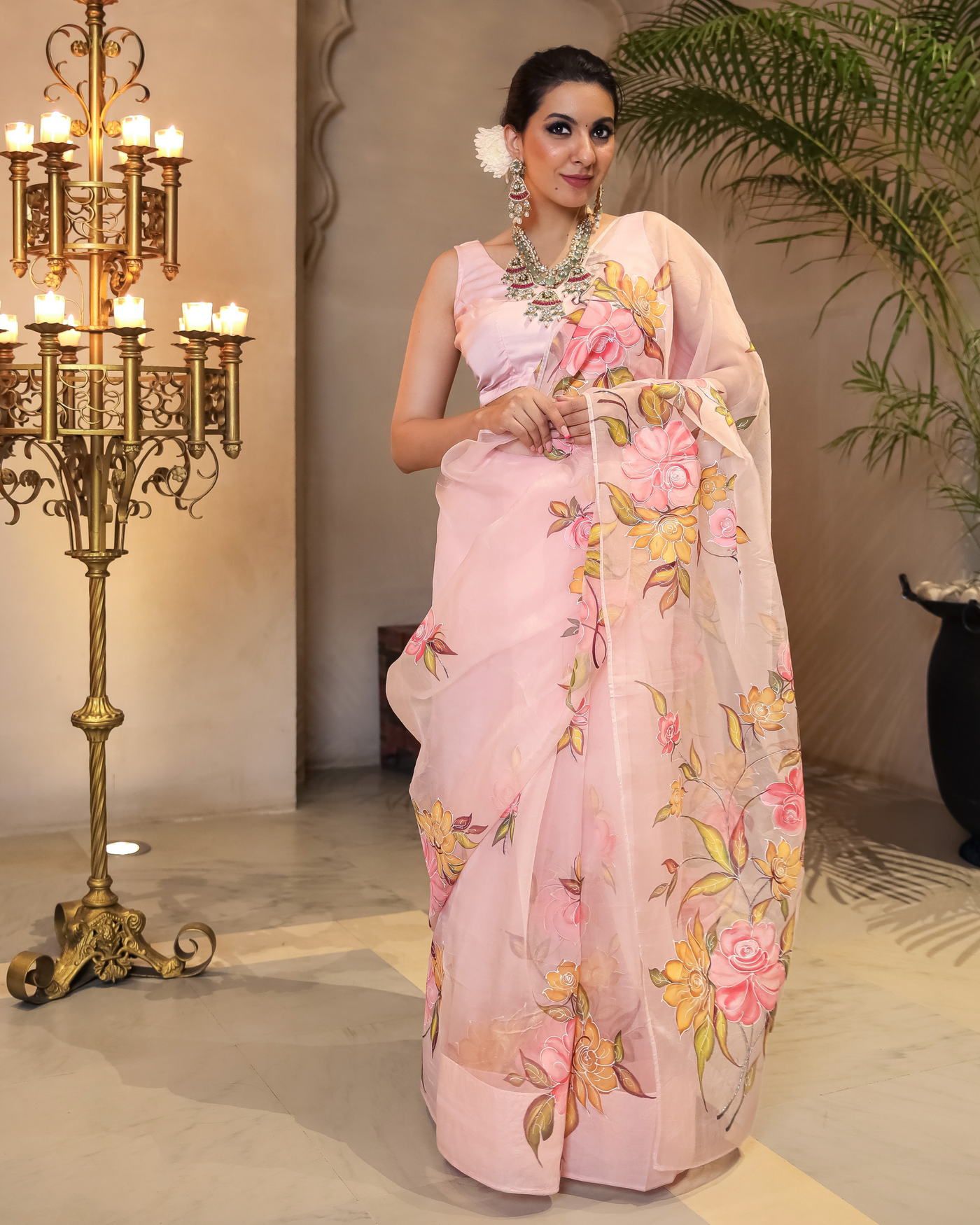 Peach Aura Embellished Handpainted Organza Silk Saree