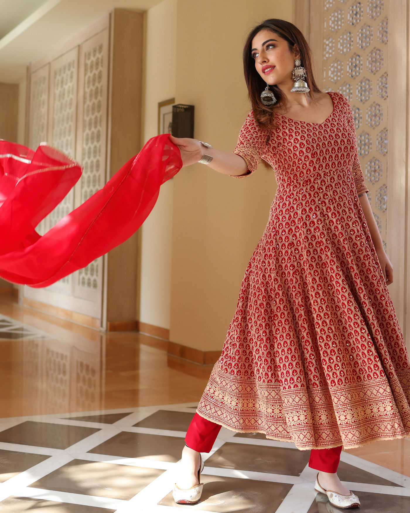 Roasted Red Anarkali Suit Set