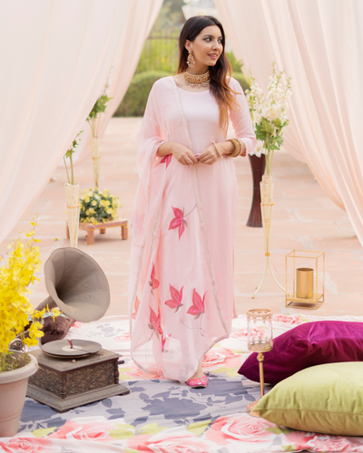 Tropical Peach Organza Handpainted Suit Set
