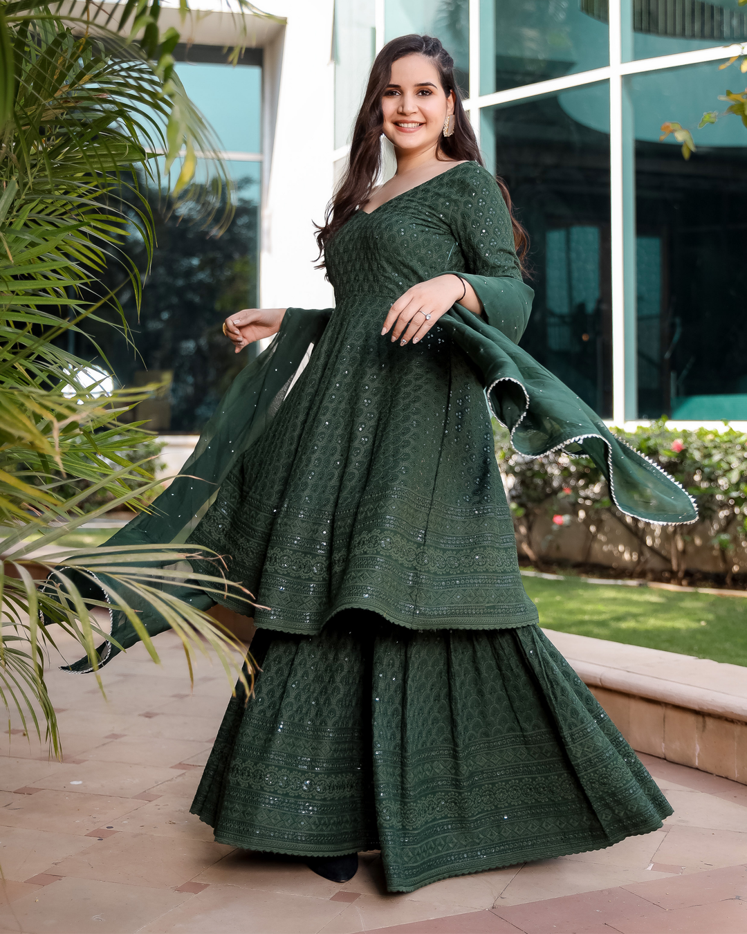 green emerald velvet dress Arabic Attire Bottle Green Sharara Style Suit Georgette Salwar Kameez in Embroidery, Sequins, Stone & Lace Work 2XL