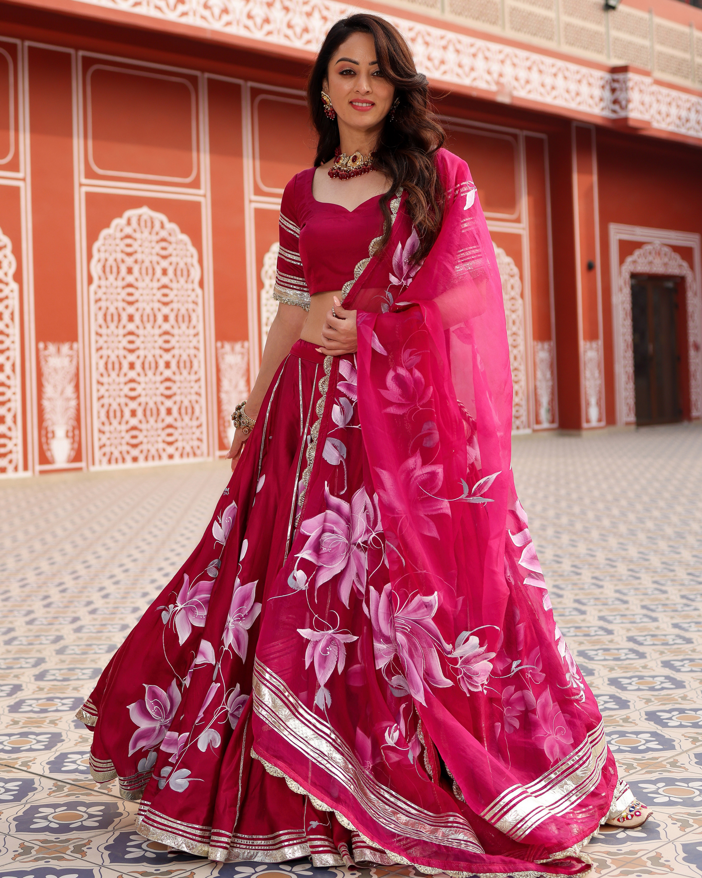 Magenta Pink Handpainted Lehenga Set