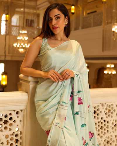 Green Cardamom Handpainted Silk Saree