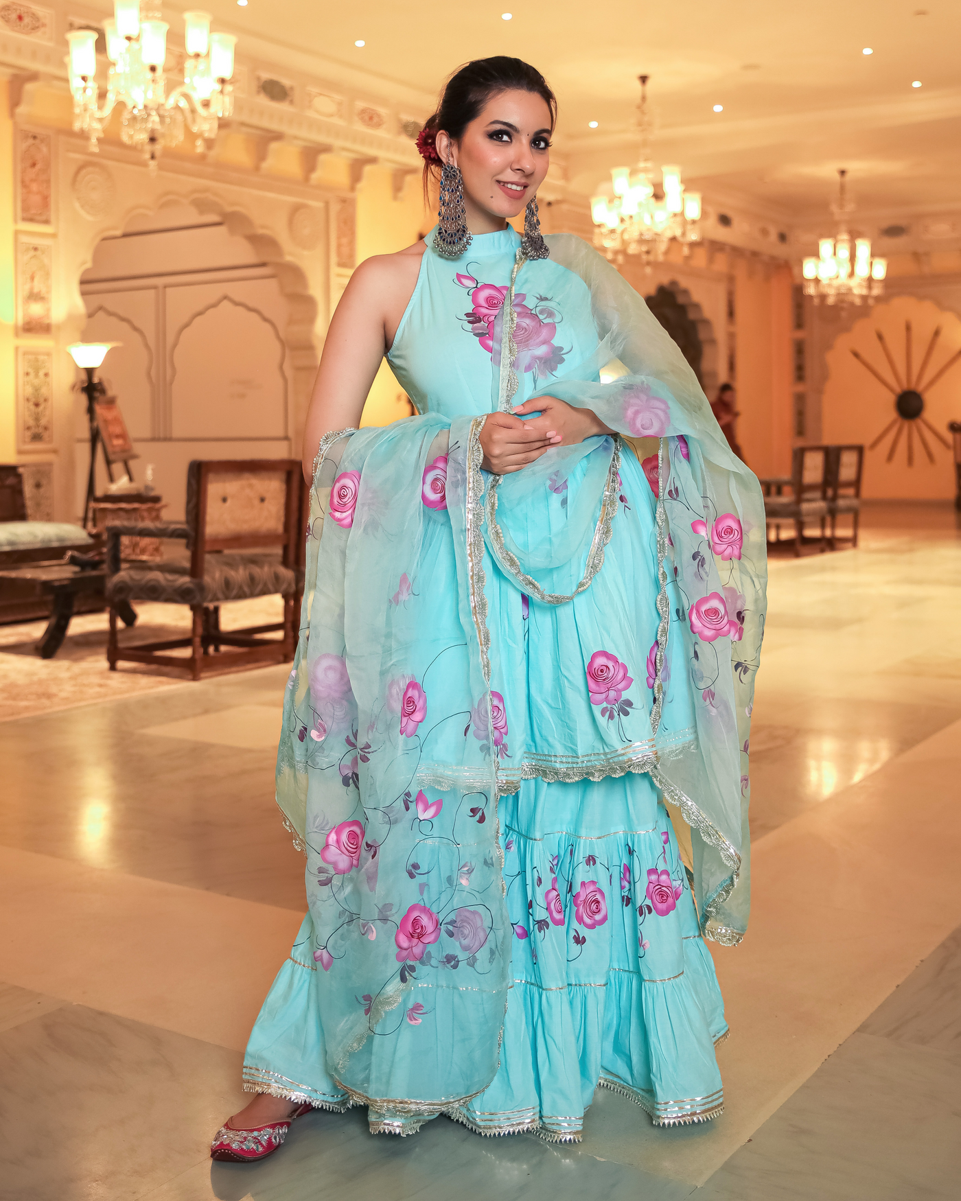 Summer Blue Handpainted Gota Sharara Set