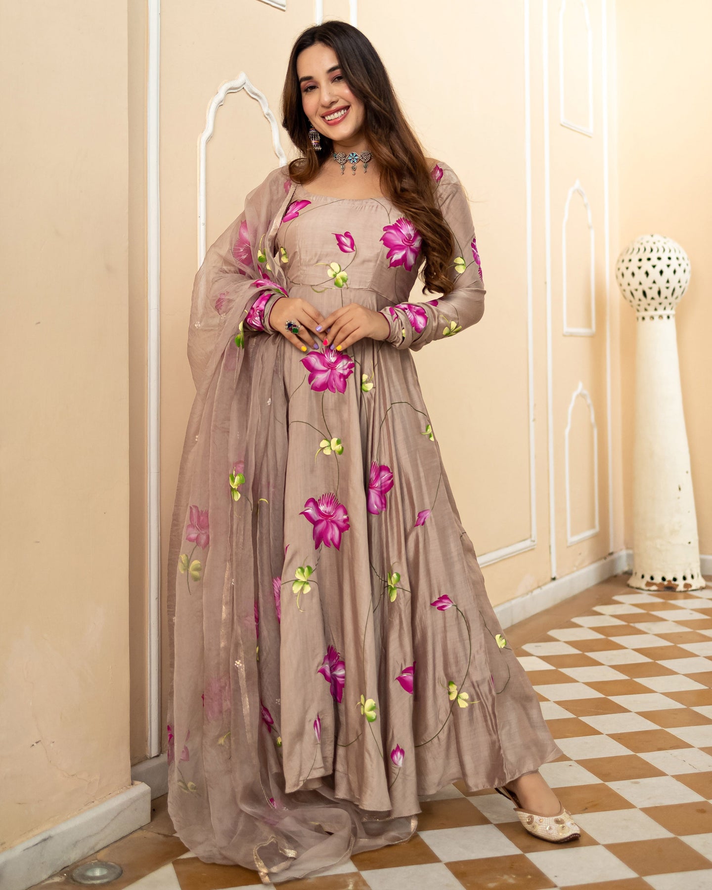 Pink Floral Embroidered Net Anarkali Style Gown