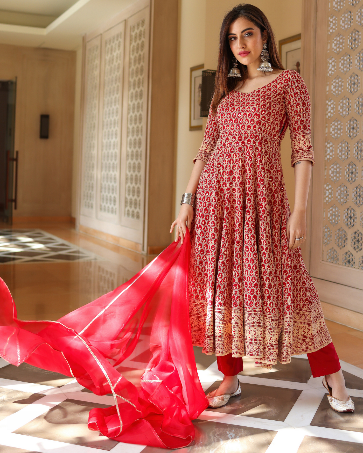 Roasted Red Anarkali Suit Set