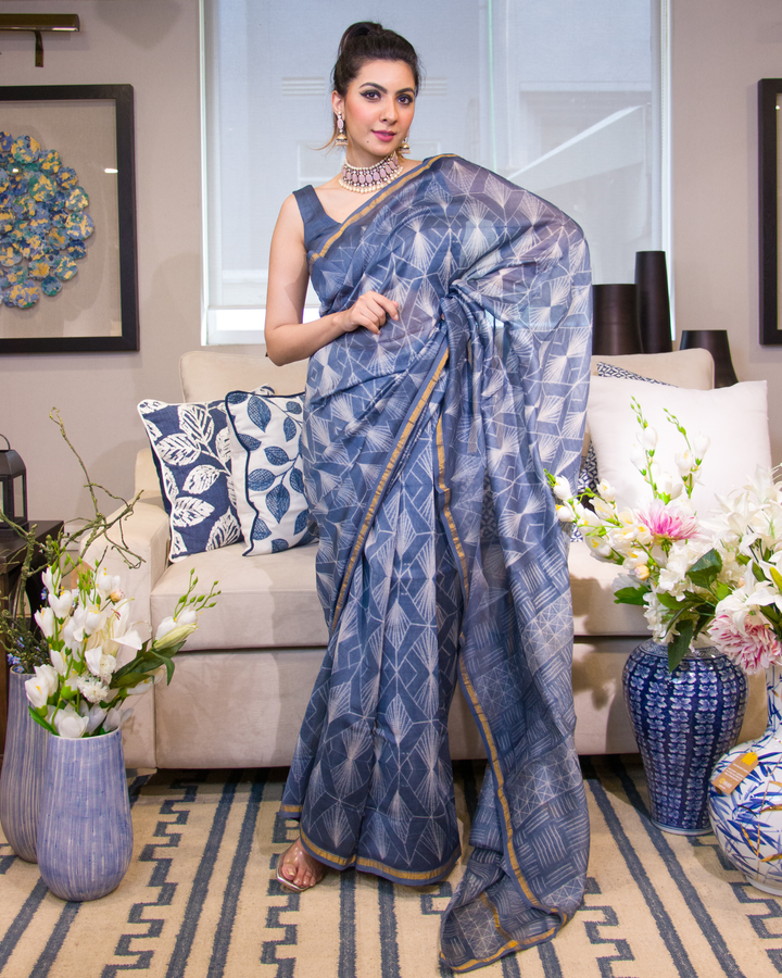 Mehar Shibori Handblock Chanderi Silk Saree