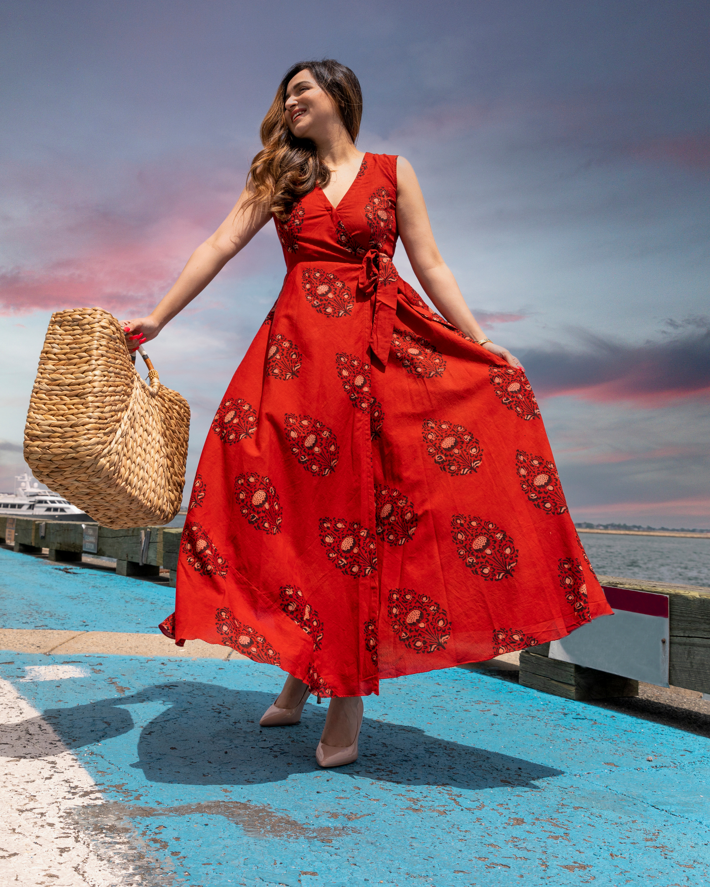Red Victorian Angrakha Handblock Dress