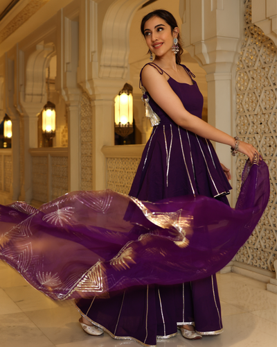 Pure Geogratte Party Wear Plazo Suit in Purple Color with Embroidery Work -  Party Wear Salwar Suit - Suits & Sharara