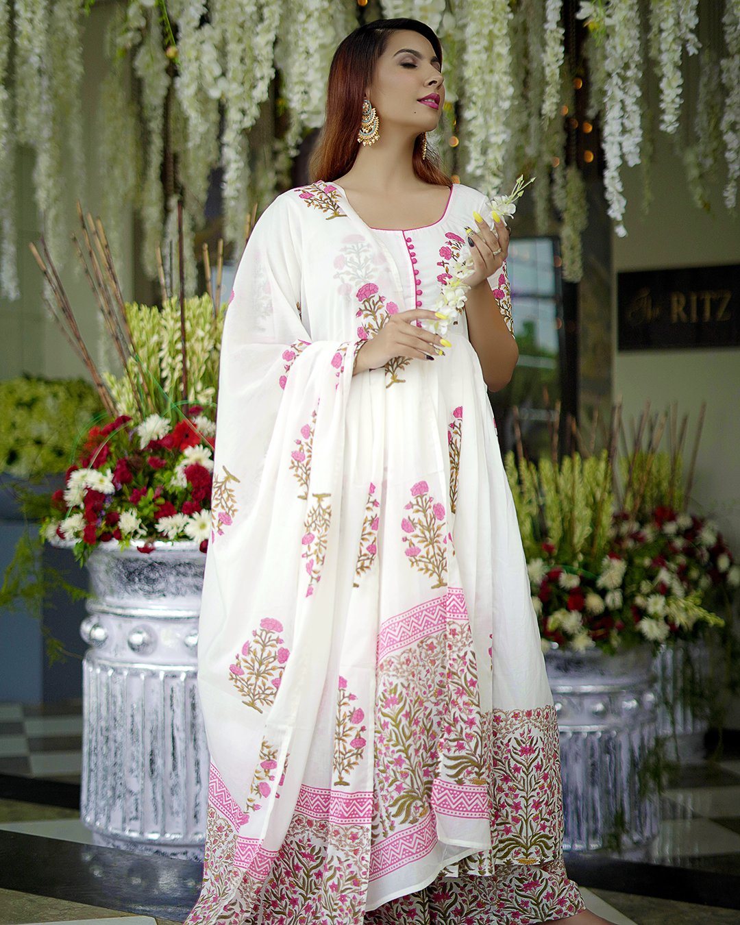 White Mehrab Handblock Suit Set