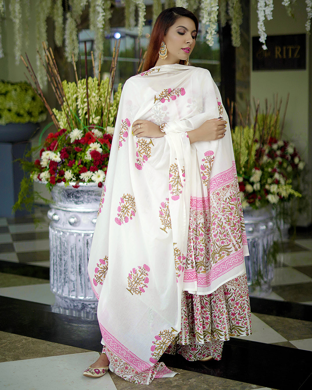 White Mehrab Handblock Suit Set