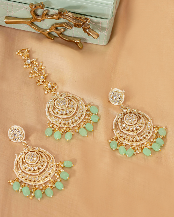 Grassy Gem Earrings With Maang Tikka