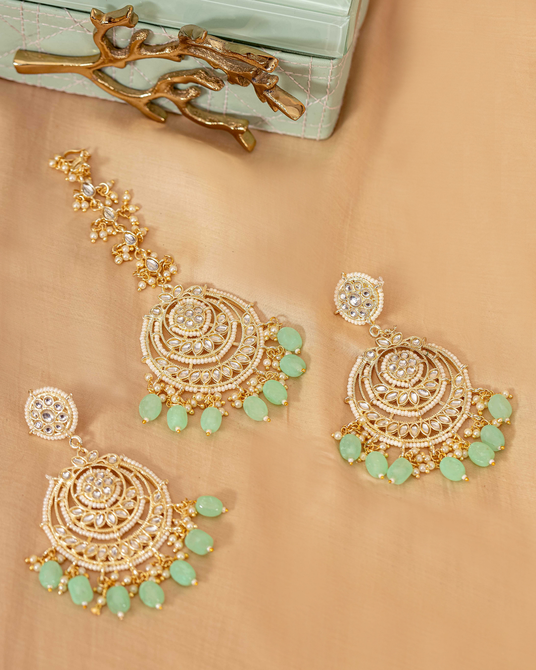 Grassy Gem Earrings With Maang Tikka