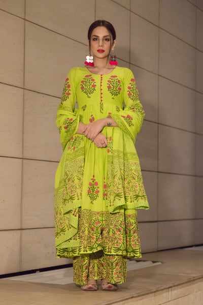 Green Mehrab Handblock Cotton Suit Set