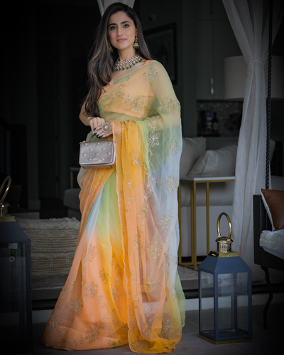 Buy Yellow Sunshine Pure Chiffon Saree online in India at Best Price